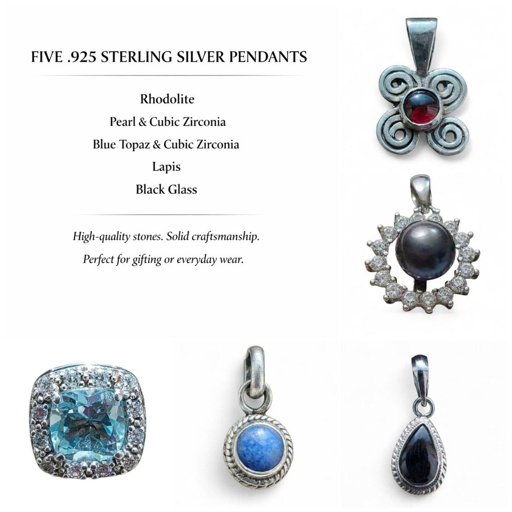 Lot of 5 .925 Sterling Silver Semi-Precious Pendants Rhodolite Blue Topaz Lapis